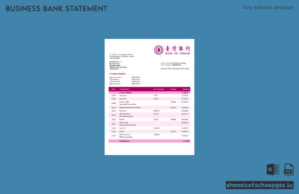 Beispielvorschau eines Kontoauszugs vom Firmengirokonto der Bank von Taiwan (Word und PDF)